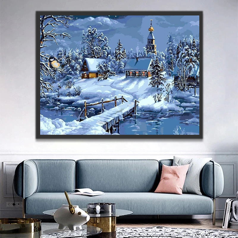 Winter Snowy Night Landscape Paint by Numbers