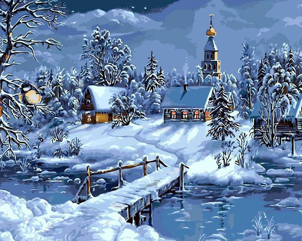 Winter Snowy Night Landscape Paint by Numbers