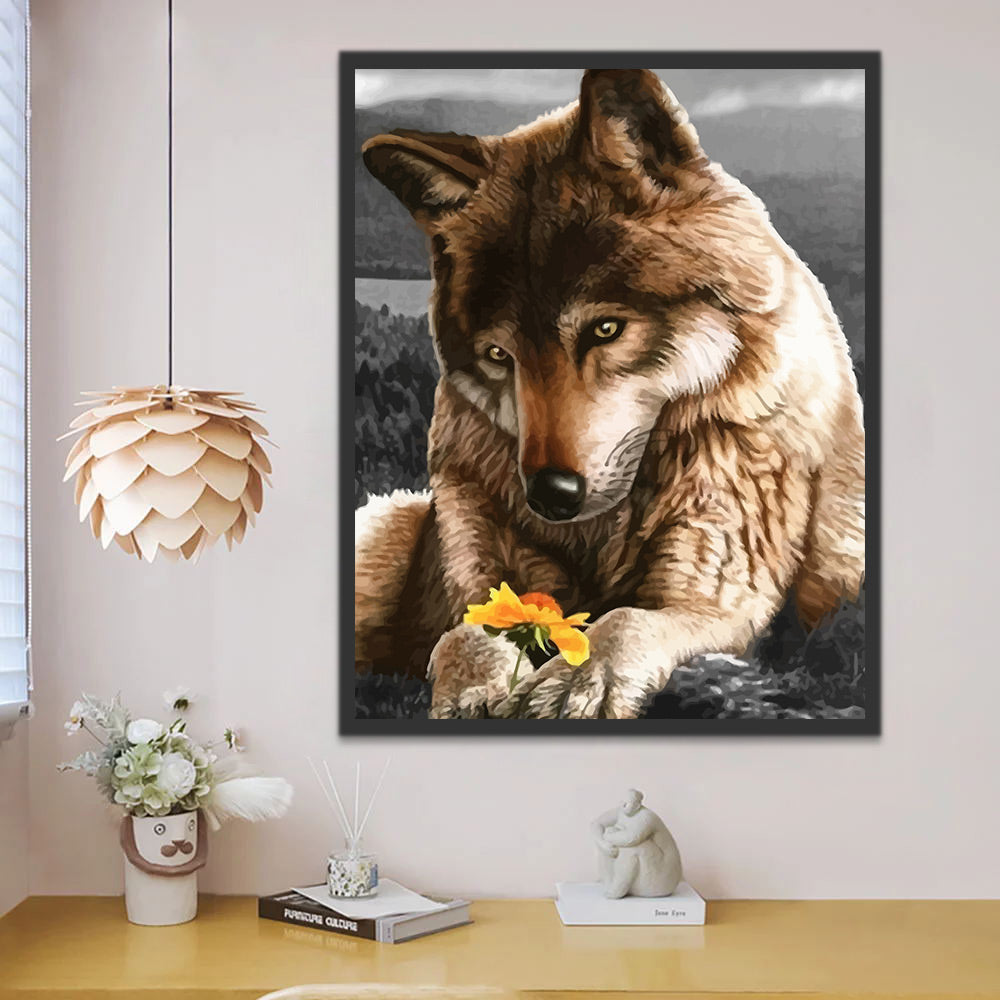 Wolf Holding A Small Flower Paint by Numbers