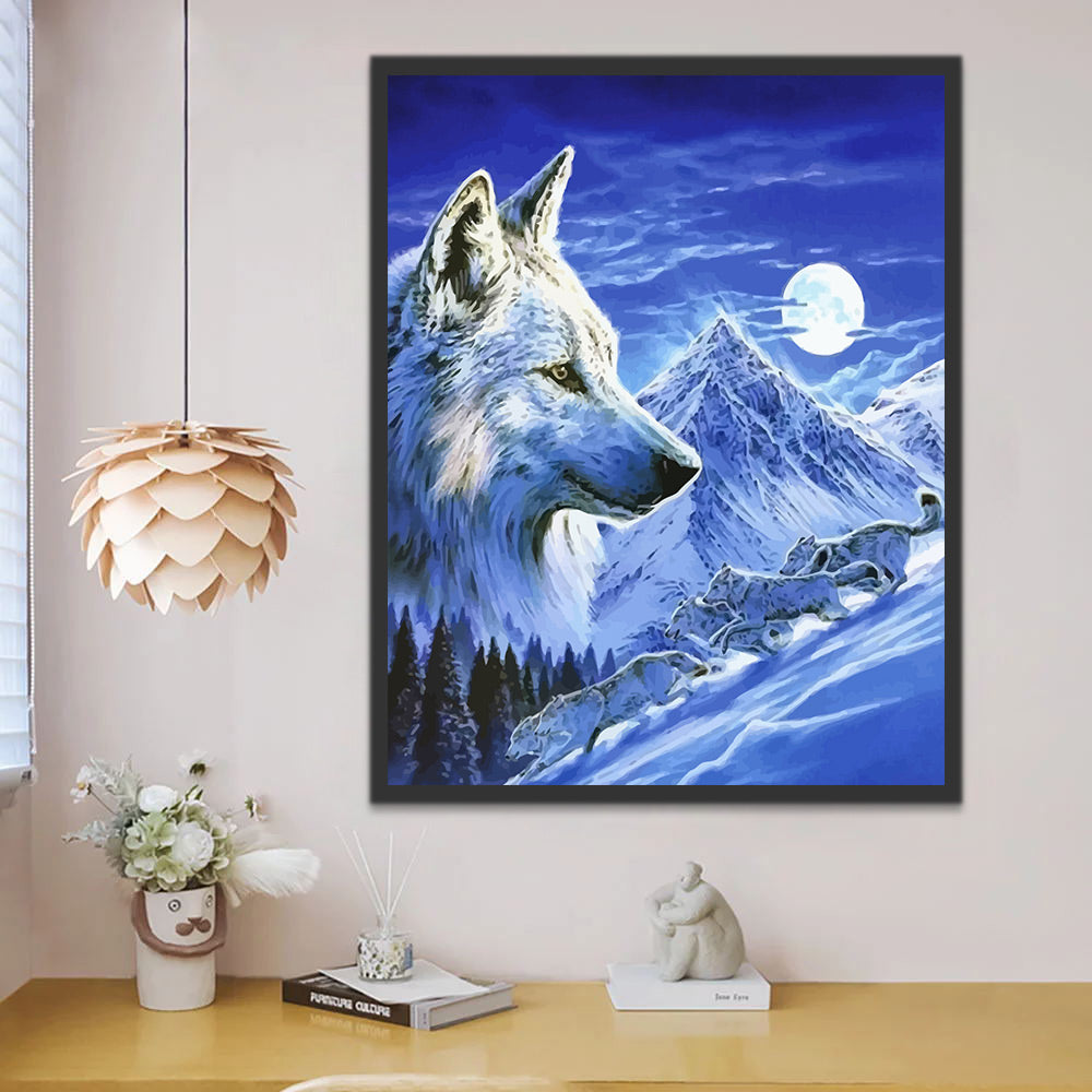 Wolves, Moon and Snow Mountain Paint by Numbers