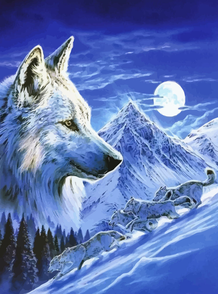 Wolves, Moon and Snow Mountain Paint by Numbers