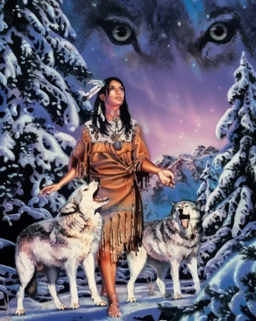 Woman and Wolves under the Starry Sky Paint by Numbers