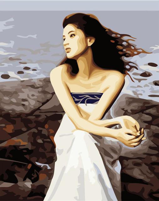 Woman in a White Dress by the Sea Paint by Numbers