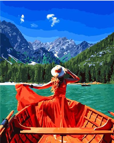 Woman in Red Dress on the Boat Paint by Numbers