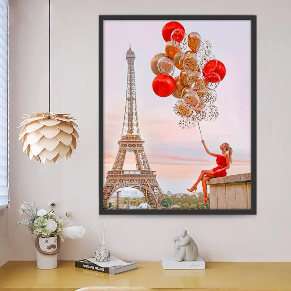 Woman in Red with Balloons by the Eiffel Tower Paint by Numbers