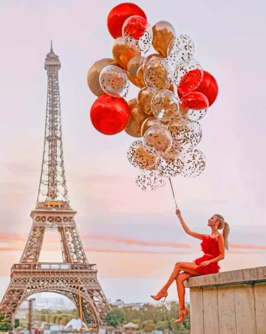 Woman in Red with Balloons by the Eiffel Tower Paint by Numbers