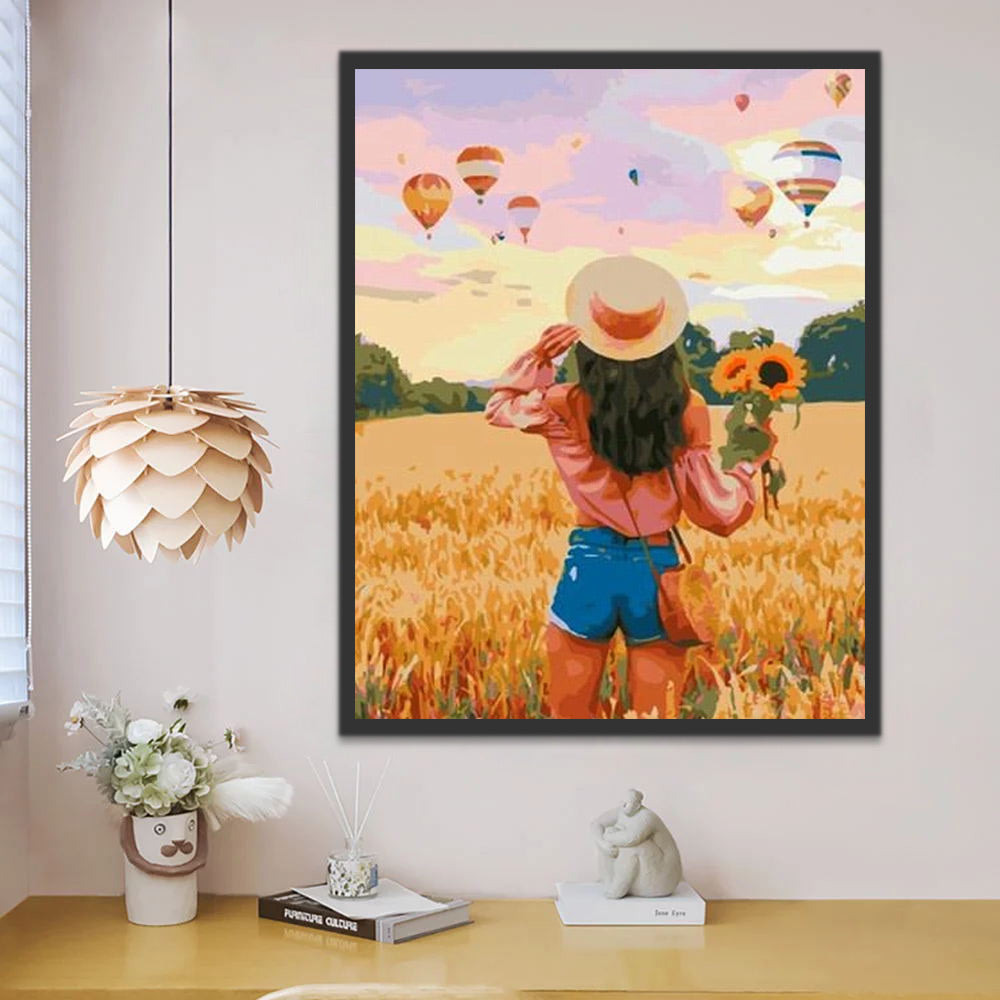 Woman with Sunflowers and Hot Air Balloons Paint by Numbers