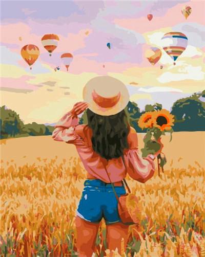 Woman with Sunflowers and Hot Air Balloons Paint by Numbers