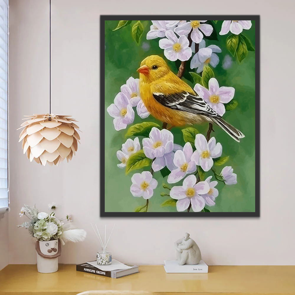 Yellow Bird and White Flowers Paint by Numbers